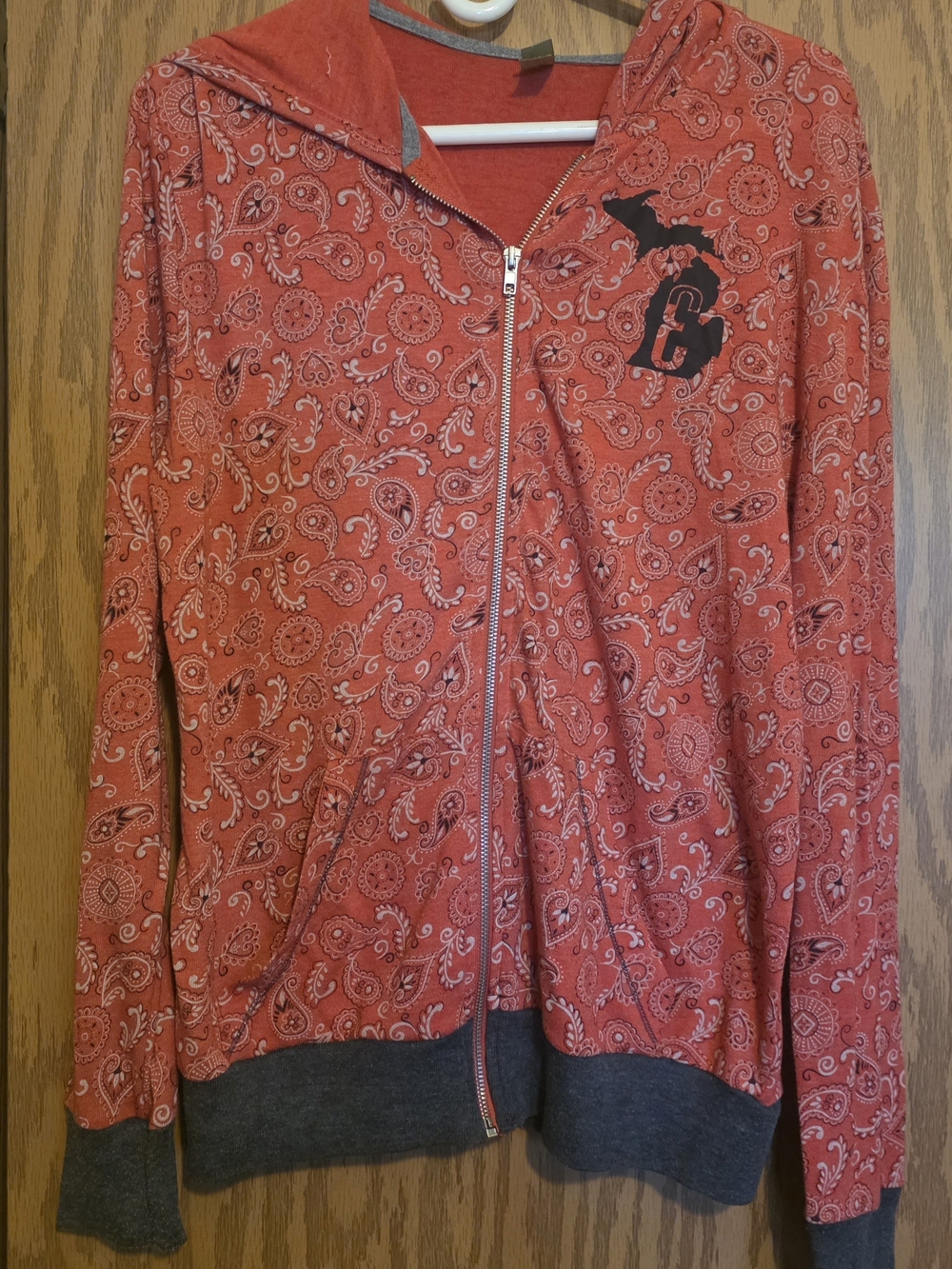 Alternative Red Paisley Full-Zip Hoodie with Dark Gray Accents